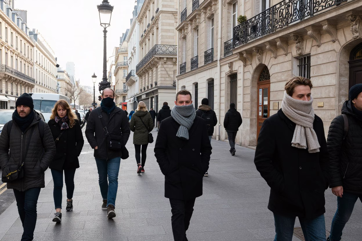 Winter Noon Paris Street Scene with Wool Scarves and Vintage Radio in in Paris, France
