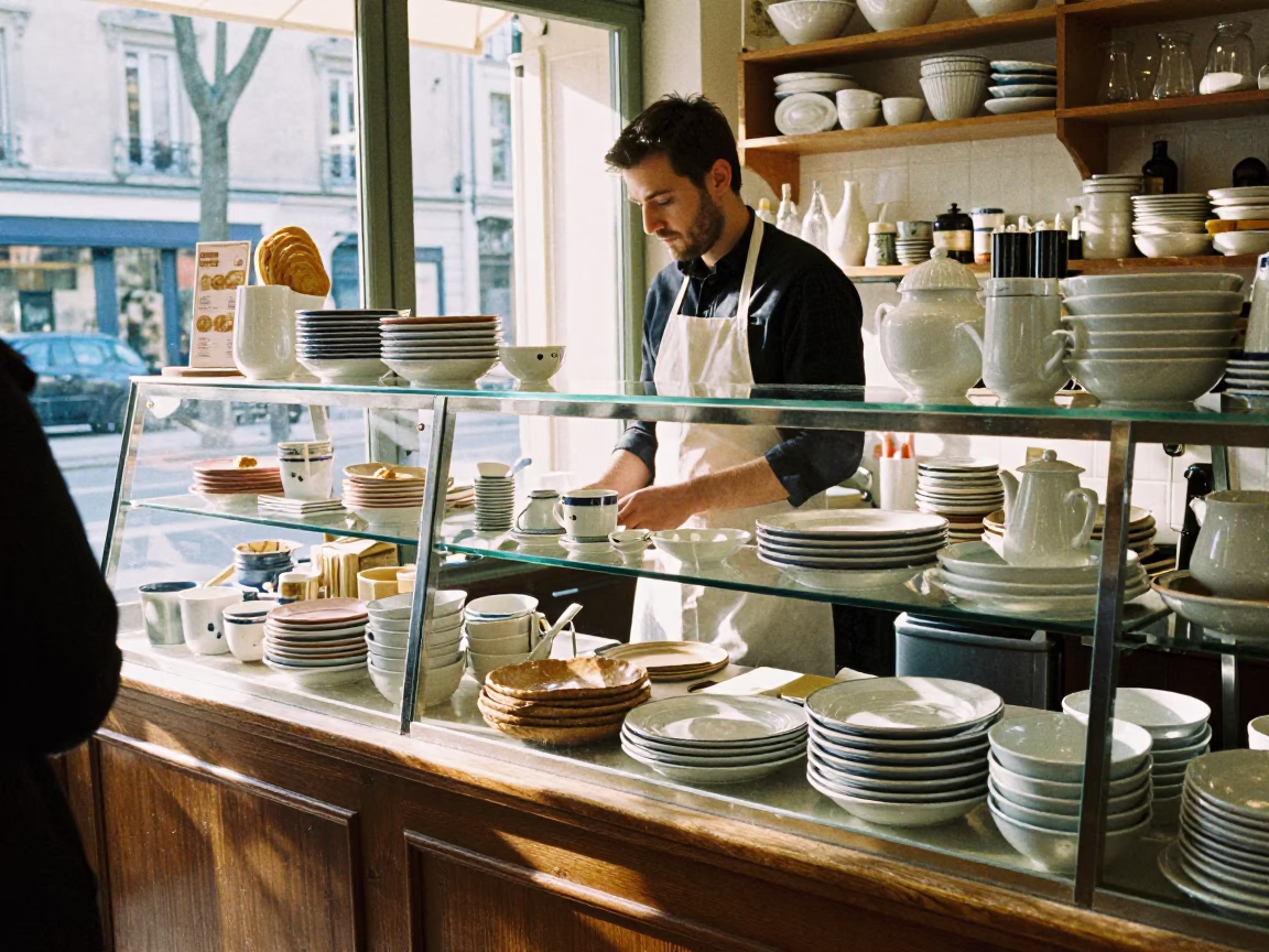 Winter Noon Parisian Bakery Counter with Ceramic Ware and Stools in in Paris, France