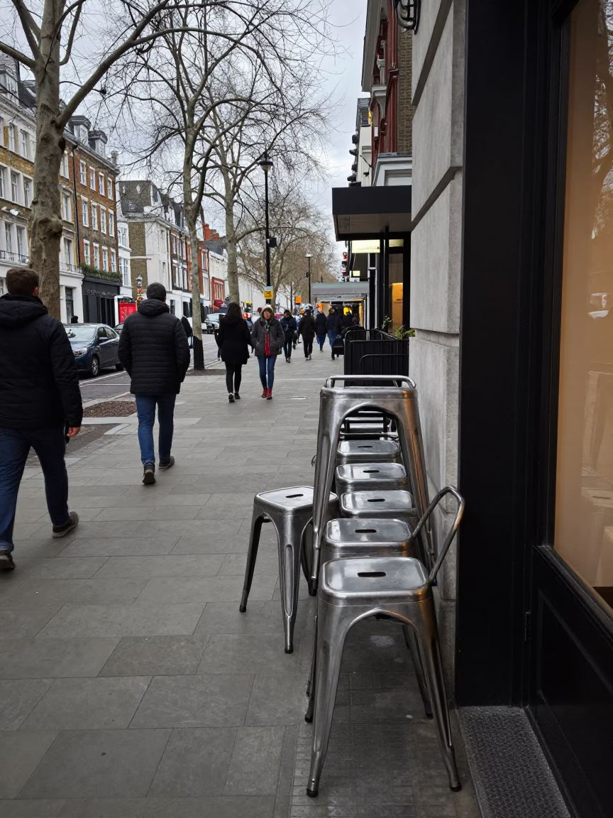 Winter Noon Scene with Cardigans and Metal Stools Outside London Shop in in London, United Kingdom