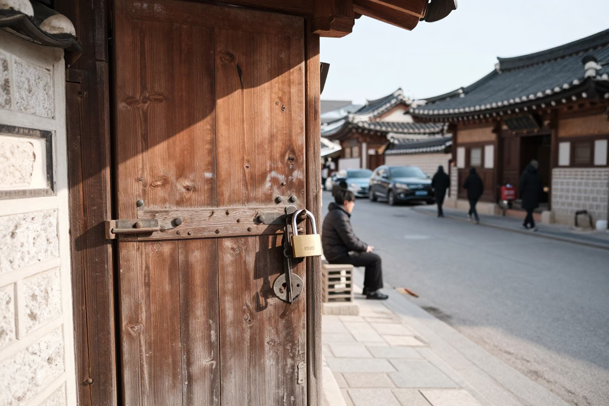 Winter Noon Seoul Street Scene with Padlock on Traditional Gate in in Seoul, South Korea