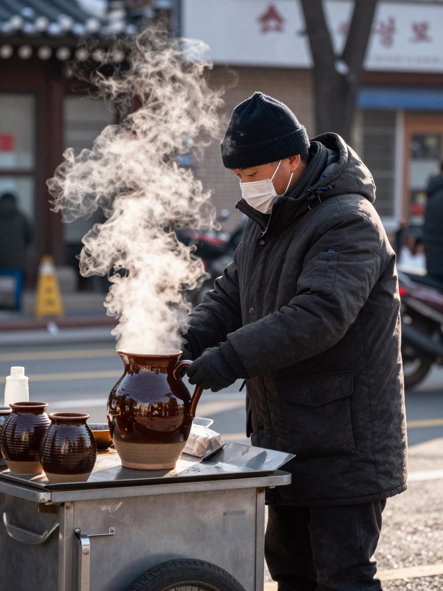 Winter Noon Seoul Street Vendor with Ceramic Pitcher and Canisters in in Seoul, South Korea