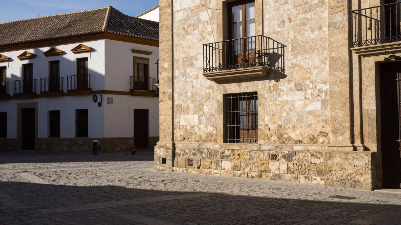 Winter Noon Seville Plaza Stone Walls and Traditional Architecture in in Seville, Spain