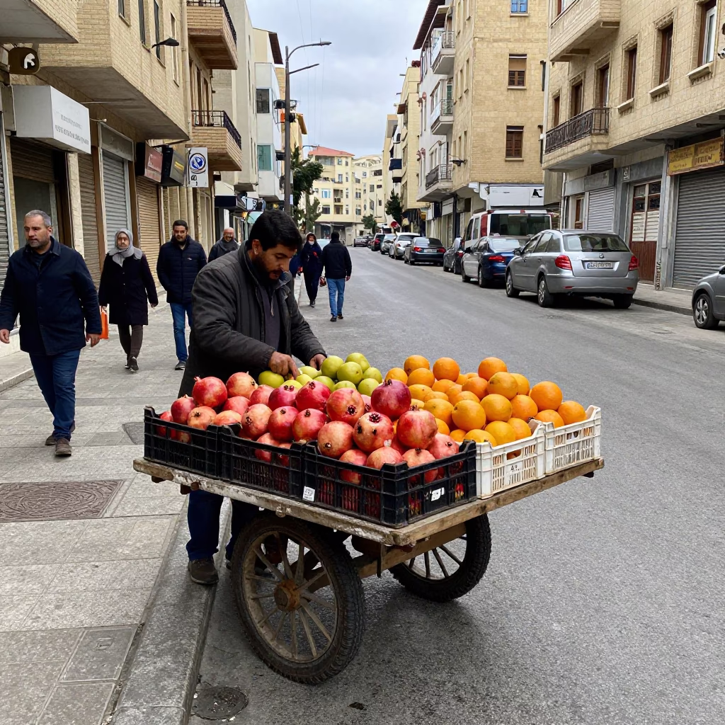 Winter noon street scene in Beirut with fruit crate and soap bubbles in in Beirut, Lebanon