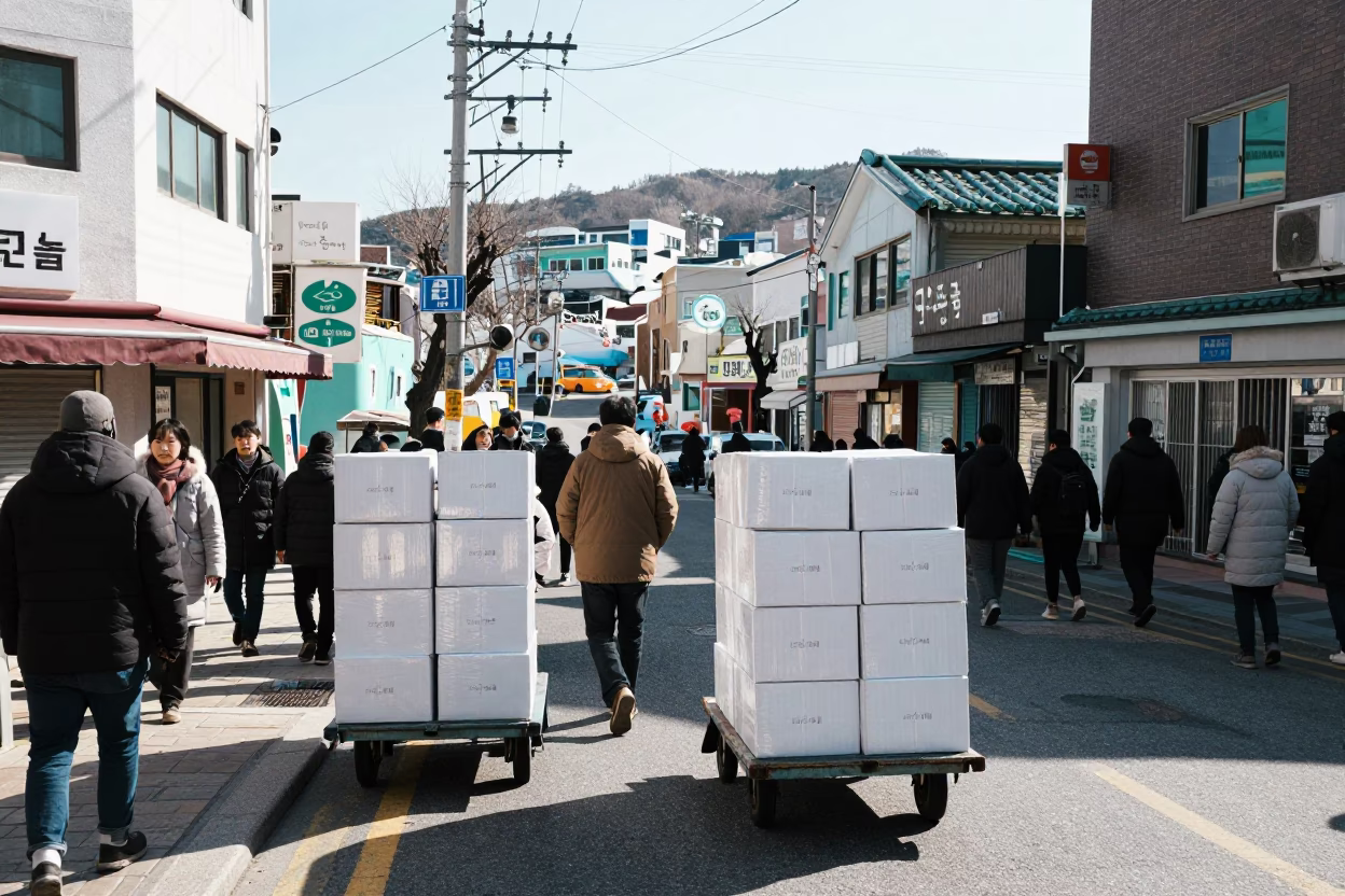 Winter Noon Street Scene in Busan South Korea with Rolling Carts in in Busan, South Korea