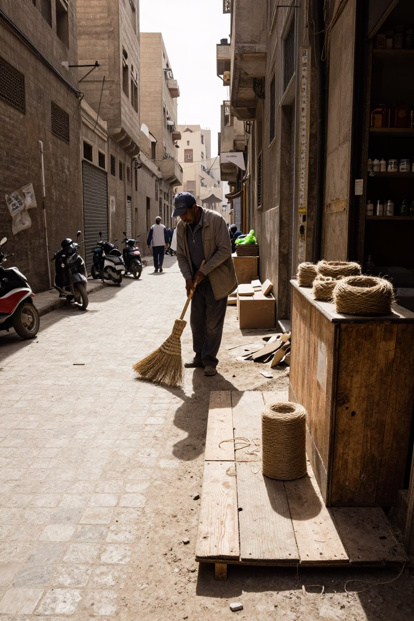 Winter Noon Street Scene in Cairo Egypt with Broom and Measuring Tape in in Cairo, Egypt