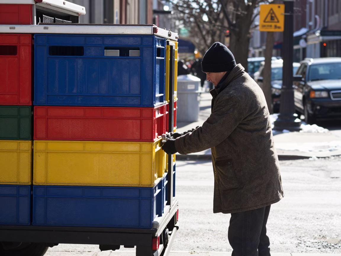 Winter Noon Street Scene in Chicago With Colorful Crate and Latch Detail in in Chicago, Illinois, United States