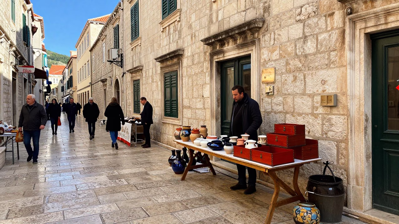 Winter Noon Street Scene in Dubrovnik Croatia with Local Merchants in in Dubrovnik, Croatia