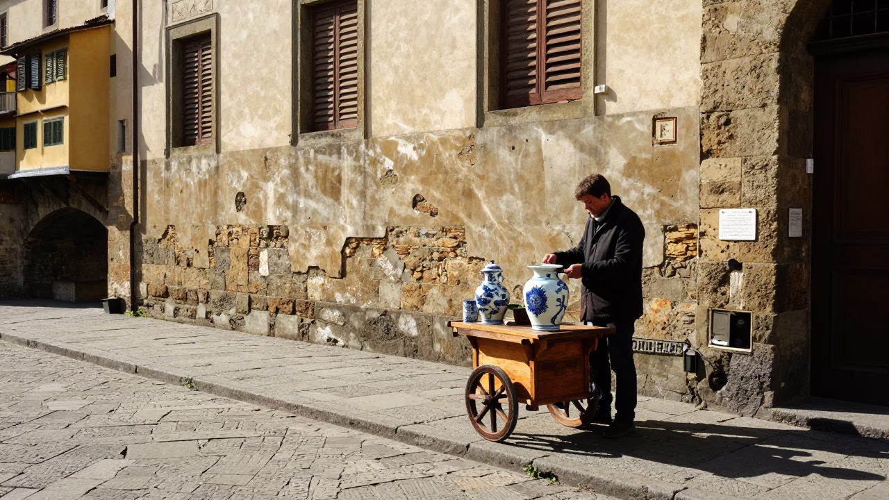 Winter Noon Street Scene in Florence with Porcelain Jar and Rattan Chair in in Florence, Italy