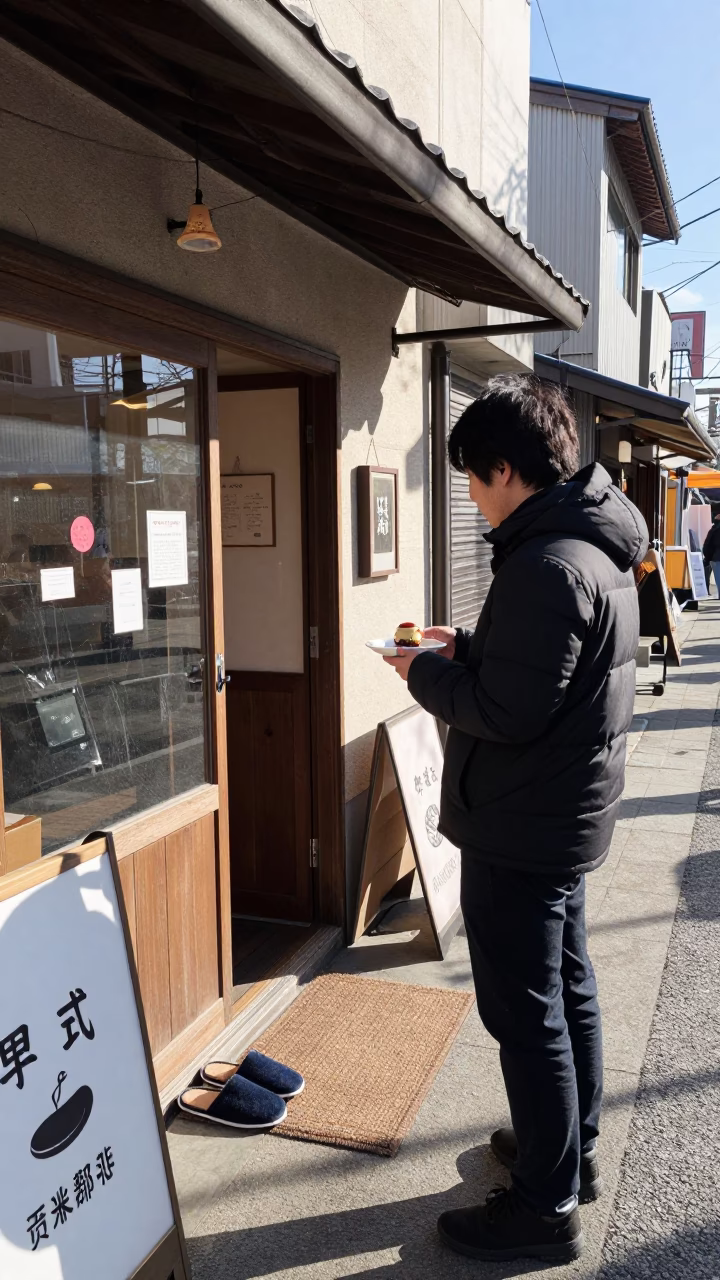 Winter noon street scene in Fukuoka Japan with slippers and saucer in in Fukuoka, Japan