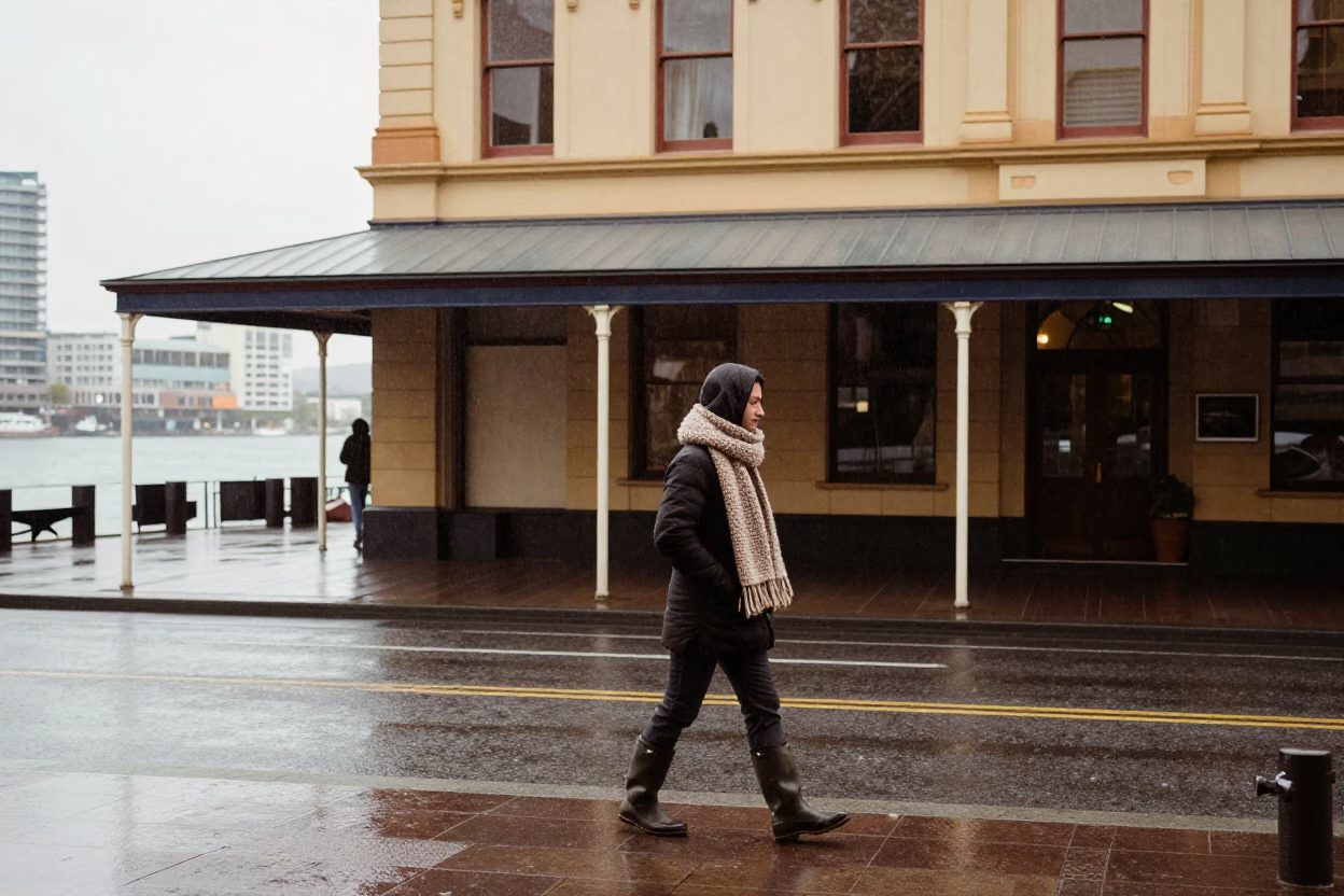 Winter Noon Street Scene in Hobart Tasmania with Scarf and Rain Boots in in Hobart, Tasmania, Australia
