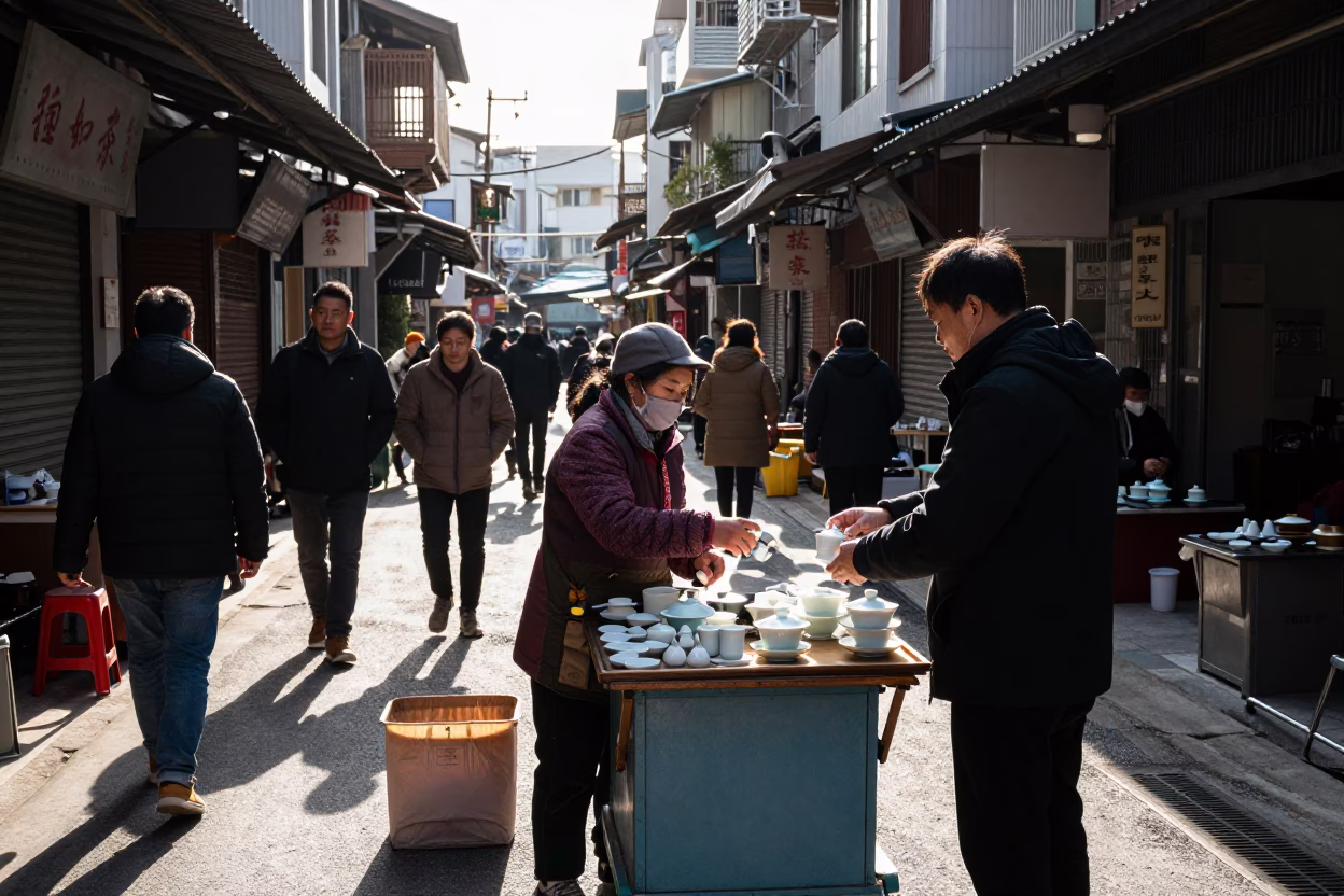 Winter Noon Street Scene in Kaohsiung with Tea Seller and Deadbolt in in Kaohsiung, Taiwan