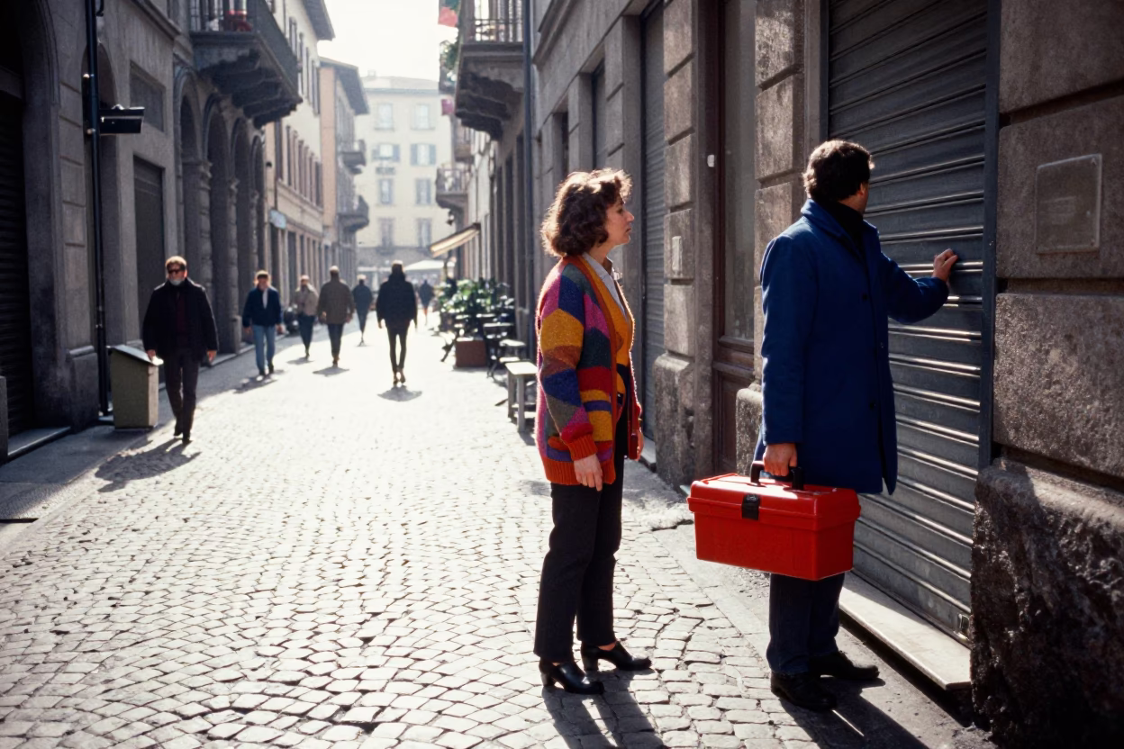 Winter noon street scene in Milan with colorful cardigans and toolbox in in Milan, Italy