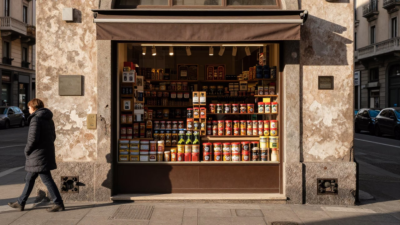 Winter Noon Street Scene in Milan With Spice Tins and Local Commerce in in Milan, Italy