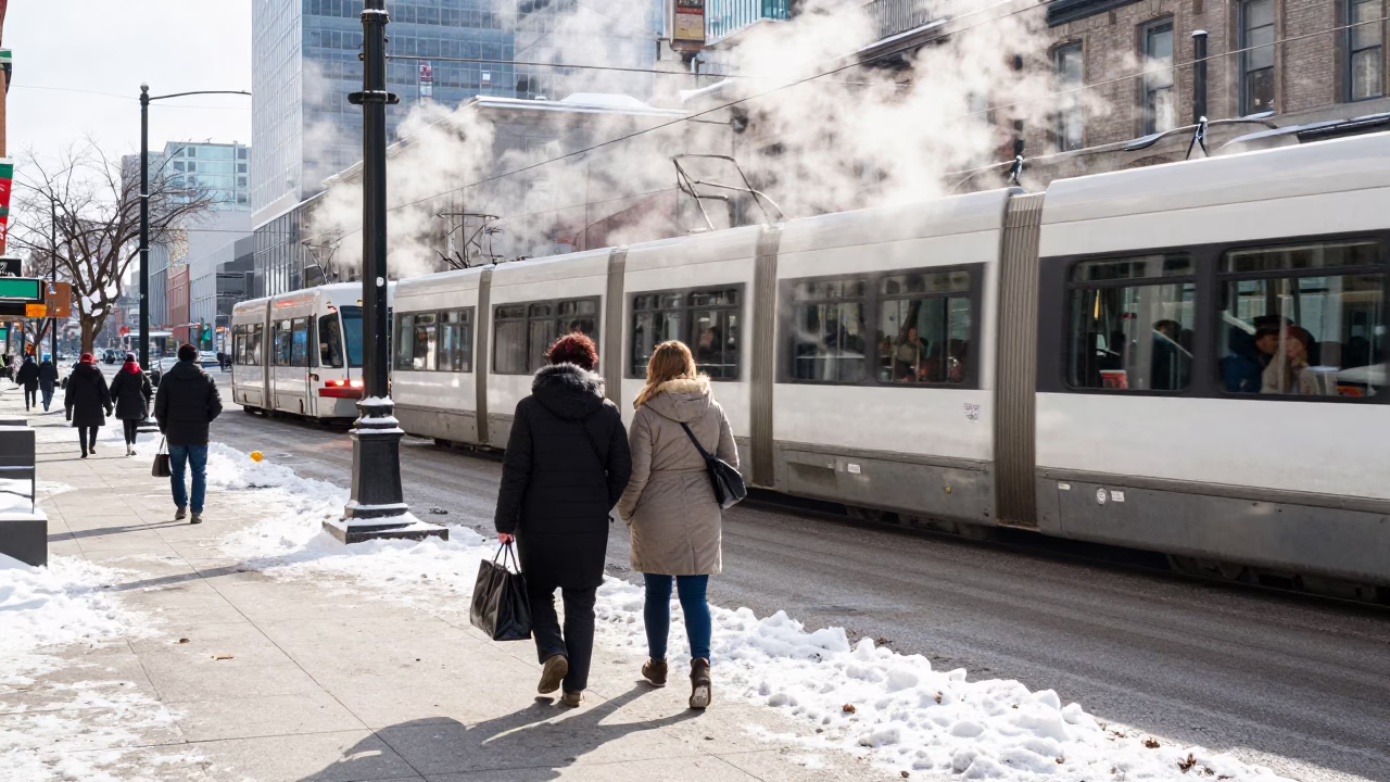 Winter Noon Street Scene in Montreal with Steam Rising from Cup in in Montreal, Quebec, Canada