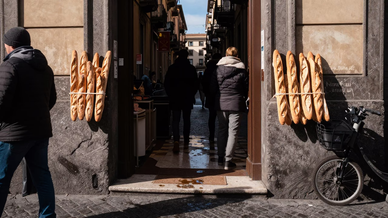 Winter Noon Street Scene in Naples Italy with Baguettes and Door Mats in in Naples, Italy
