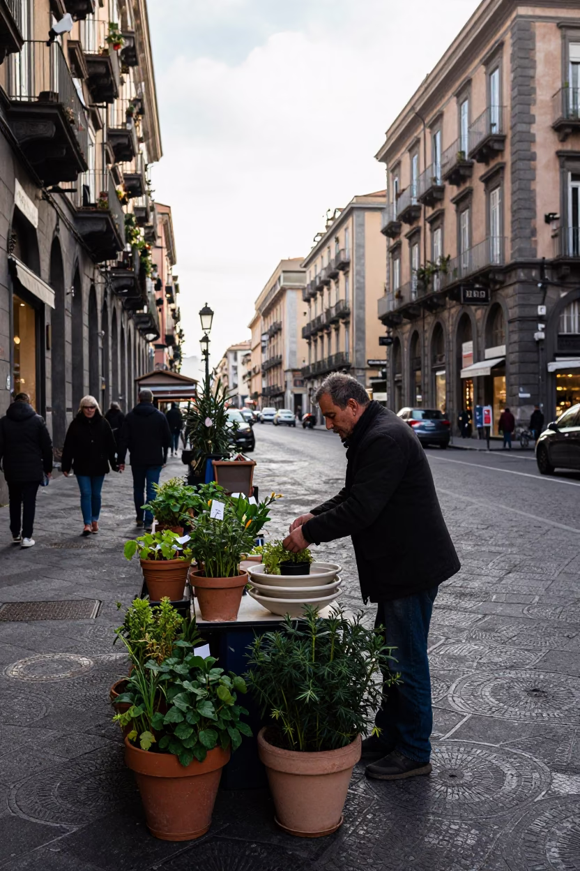 Winter noon street scene in Naples Italy with potted herbs and bowl in in Naples, Italy