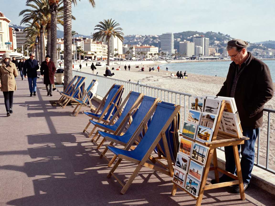 Winter Noon Street Scene in Nice France with Deck Chairs and Postcards in in Nice, France