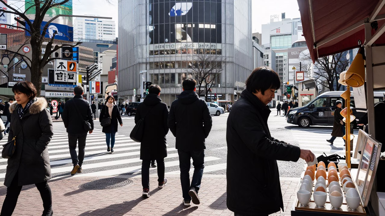 Winter noon street scene in Osaka Japan with commuter and urban details in in Osaka, Japan
