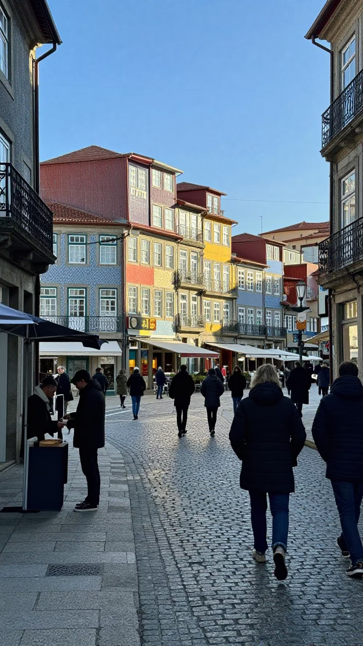 Winter Noon Street Scene in Porto Portugal with Colorful Facades in in Porto, Portugal