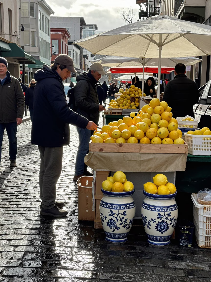 Winter Noon Street Scene in San Francisco With Lemons and Ceramic Tiles in in San Francisco, California, United States