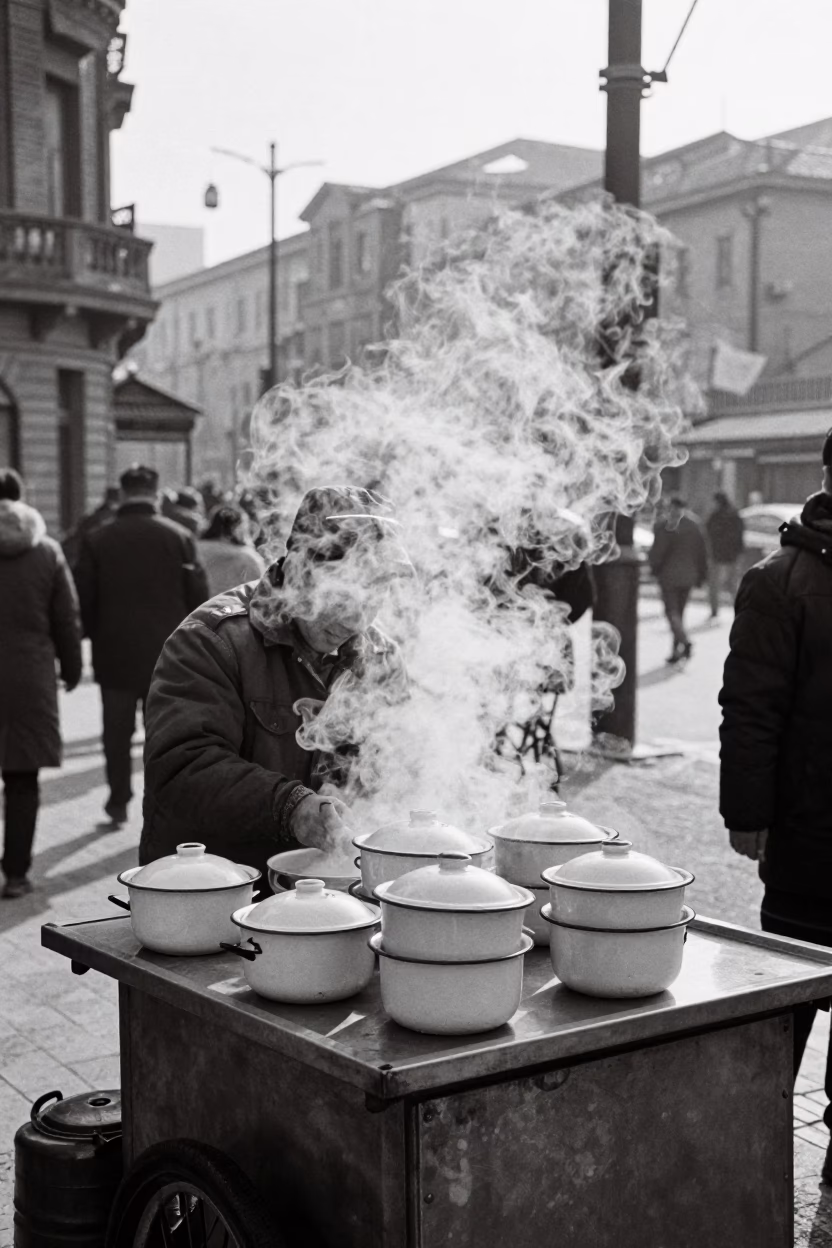 Winter noon street scene in Shanghai with enamel bowls and clay teapot in in Shanghai, China