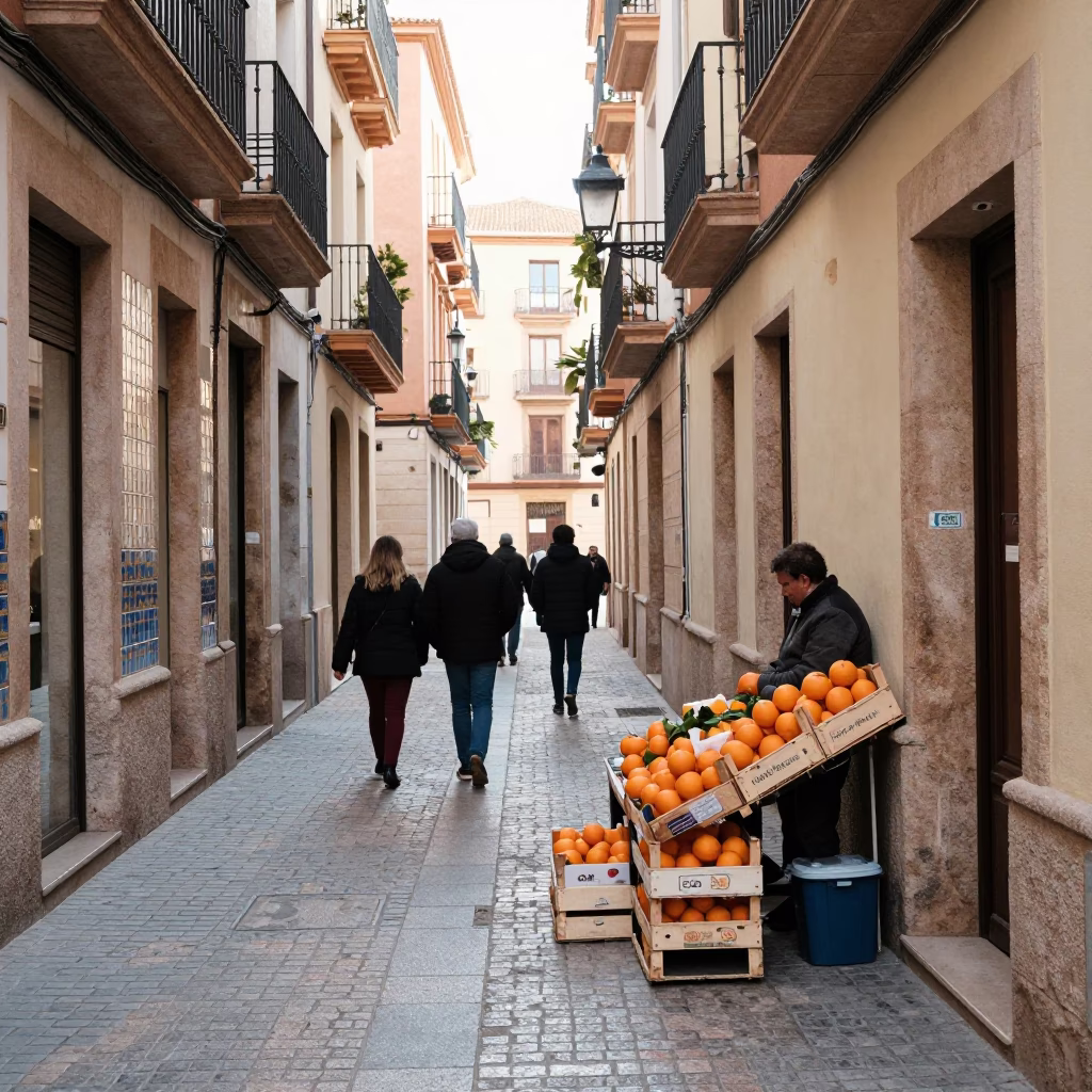 Winter noon street scene in Valencia with fruit vendor and ceramic tiles in in Valencia, Spain