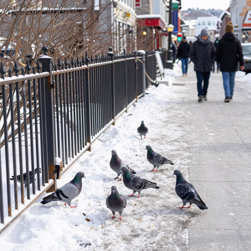 Winter Noon Street Scene Quebec City with Pigeons and Garden Gate in in Quebec City, Quebec, Canada