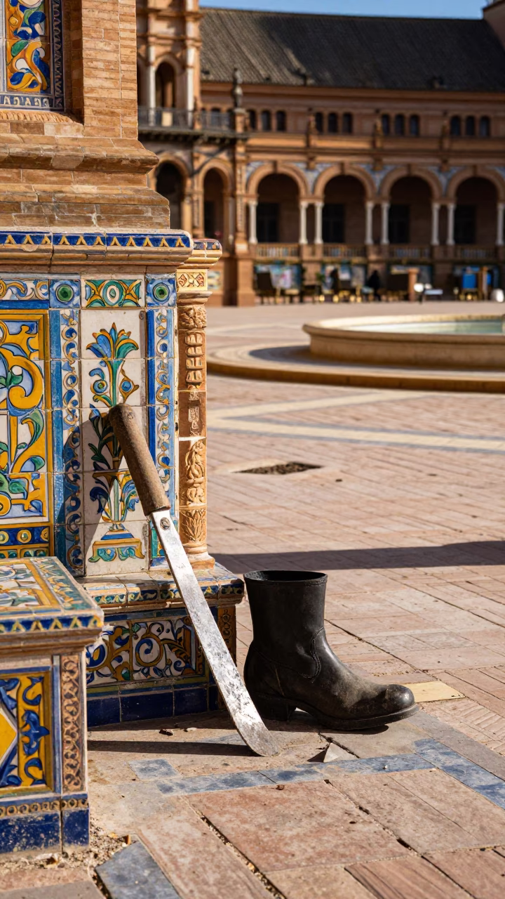 Winter Noon Sunlight on Seville Plaza with Boot Scraper and Urban Life in in Seville, Spain
