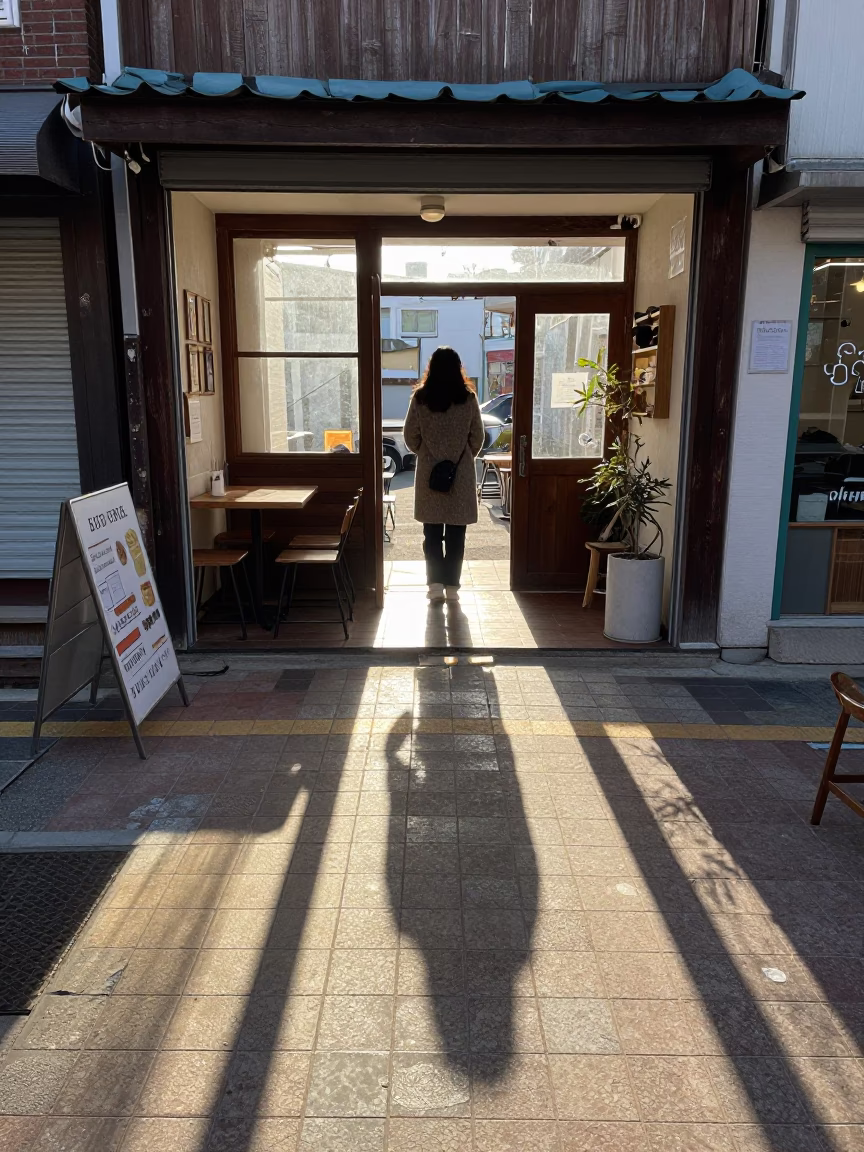 Winter noon sunlight stripes across tiled floor in Busan street cafe in in Busan, South Korea