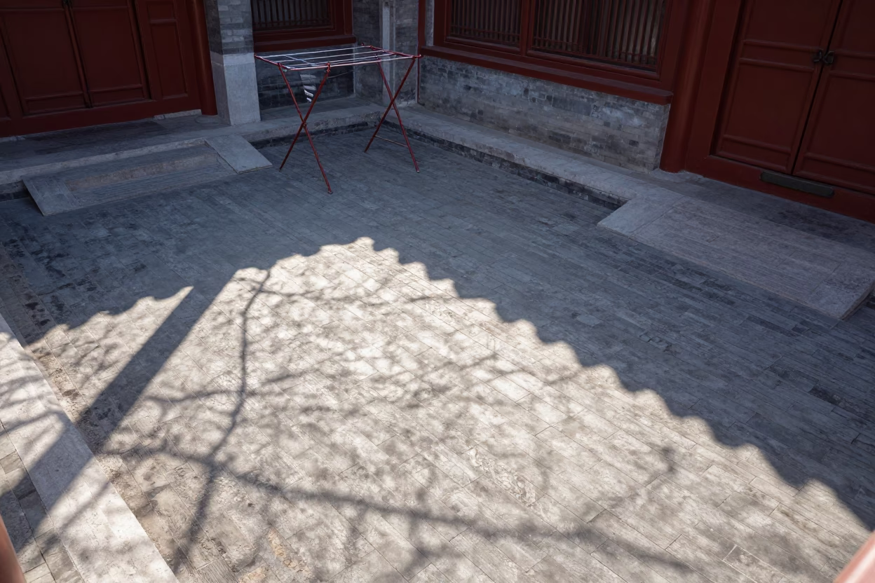Winter Noon Sunlight Stripes on Beijing Courtyard Tiles in in Beijing, China