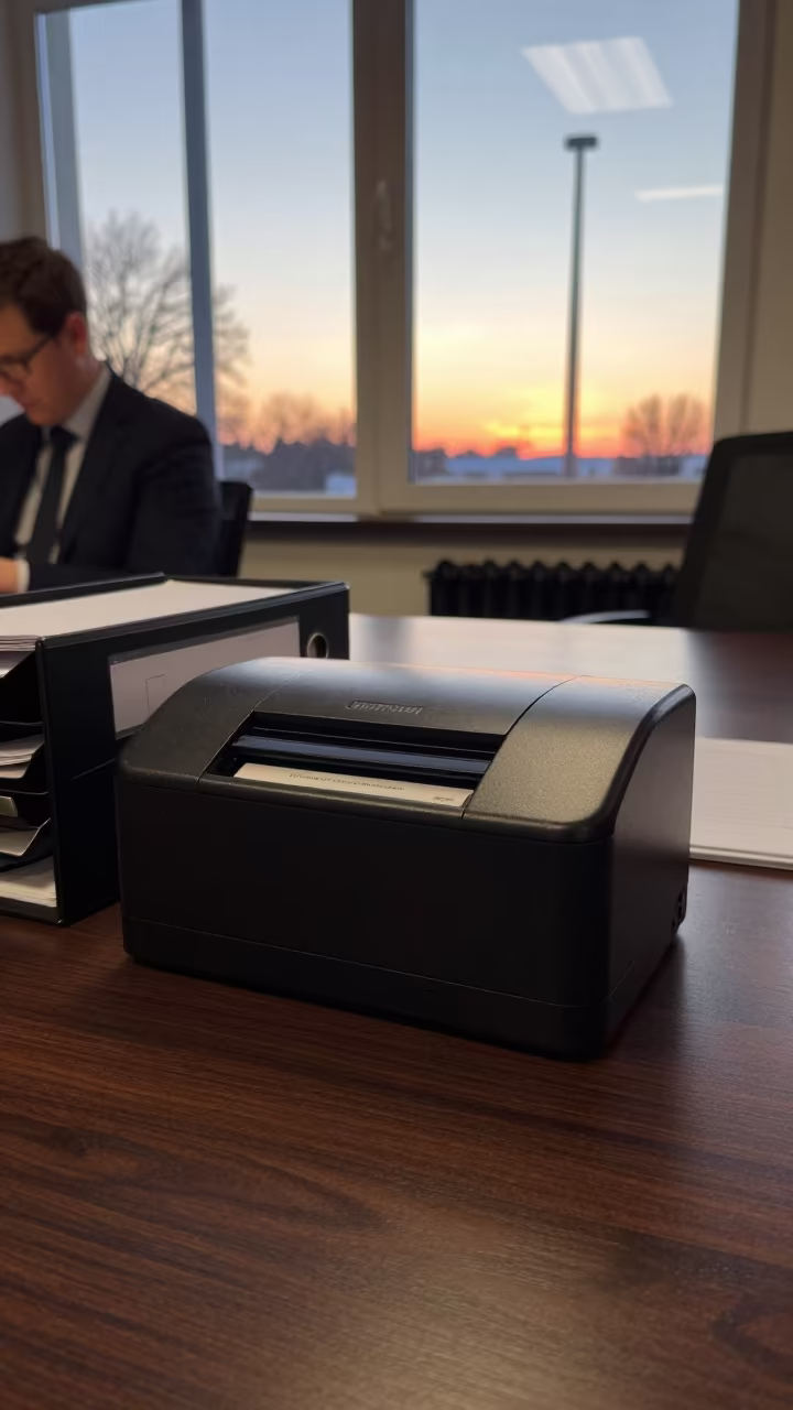 Winter Office Badge Printer Sunset Light in at a boardroom table before a meeting near Łódź