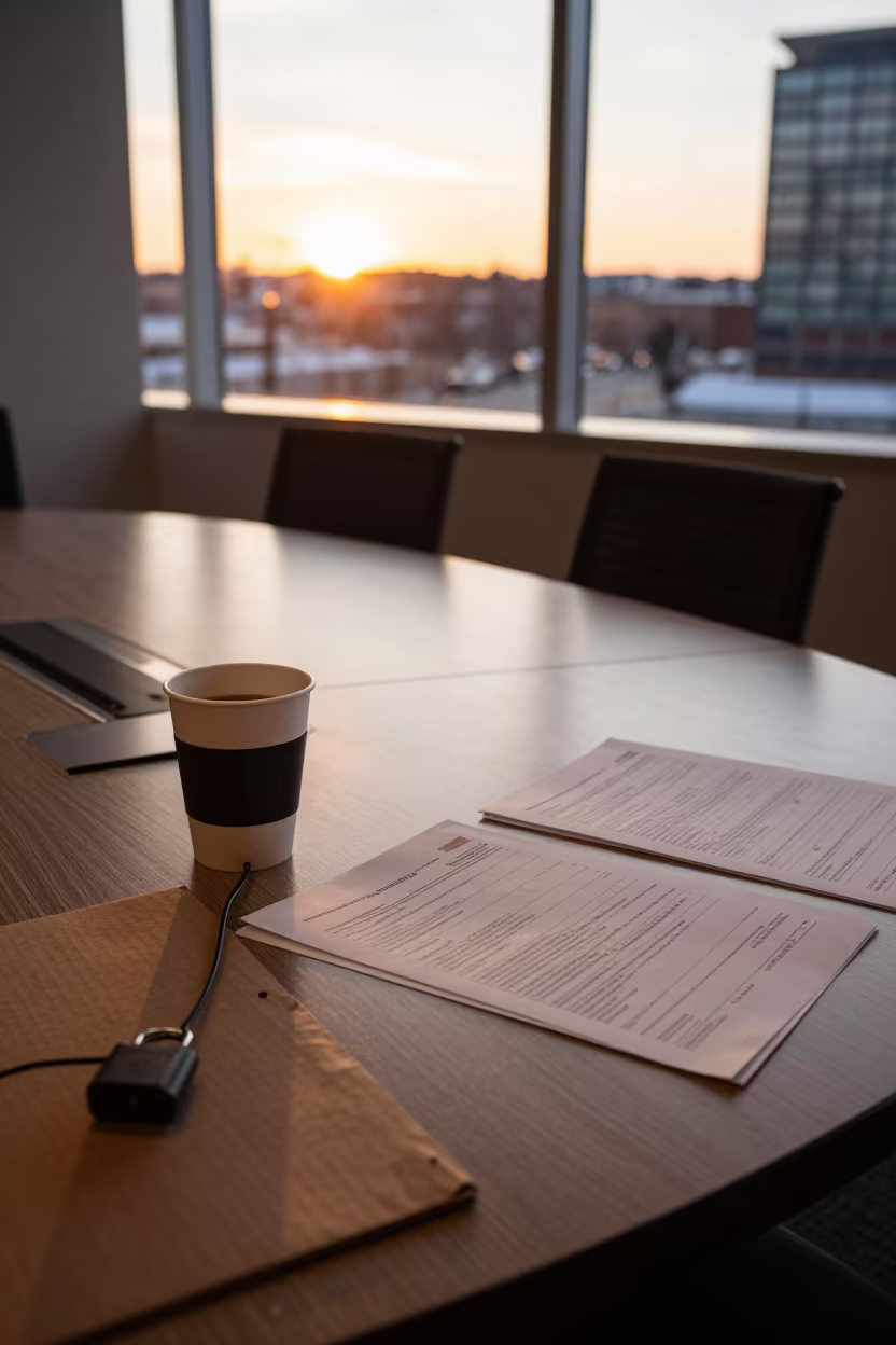 Winter Office Cable Lock Cup Sunset Reflections in inside a conference room in Halifax