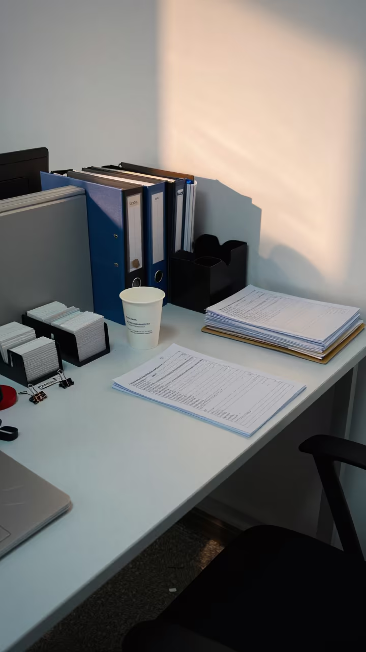 Winter Office Desk with Invoice Highlighter and Stationery in on a writing desk in Chunxi Road, Chengdu