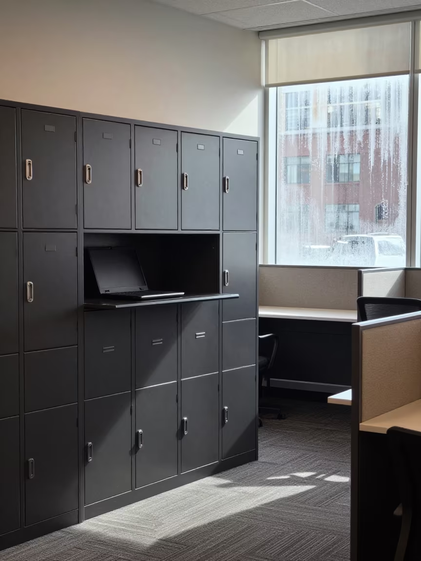 Winter Office Laptop Locker with Condensation in inside an open-plan office bay in Philadelphia