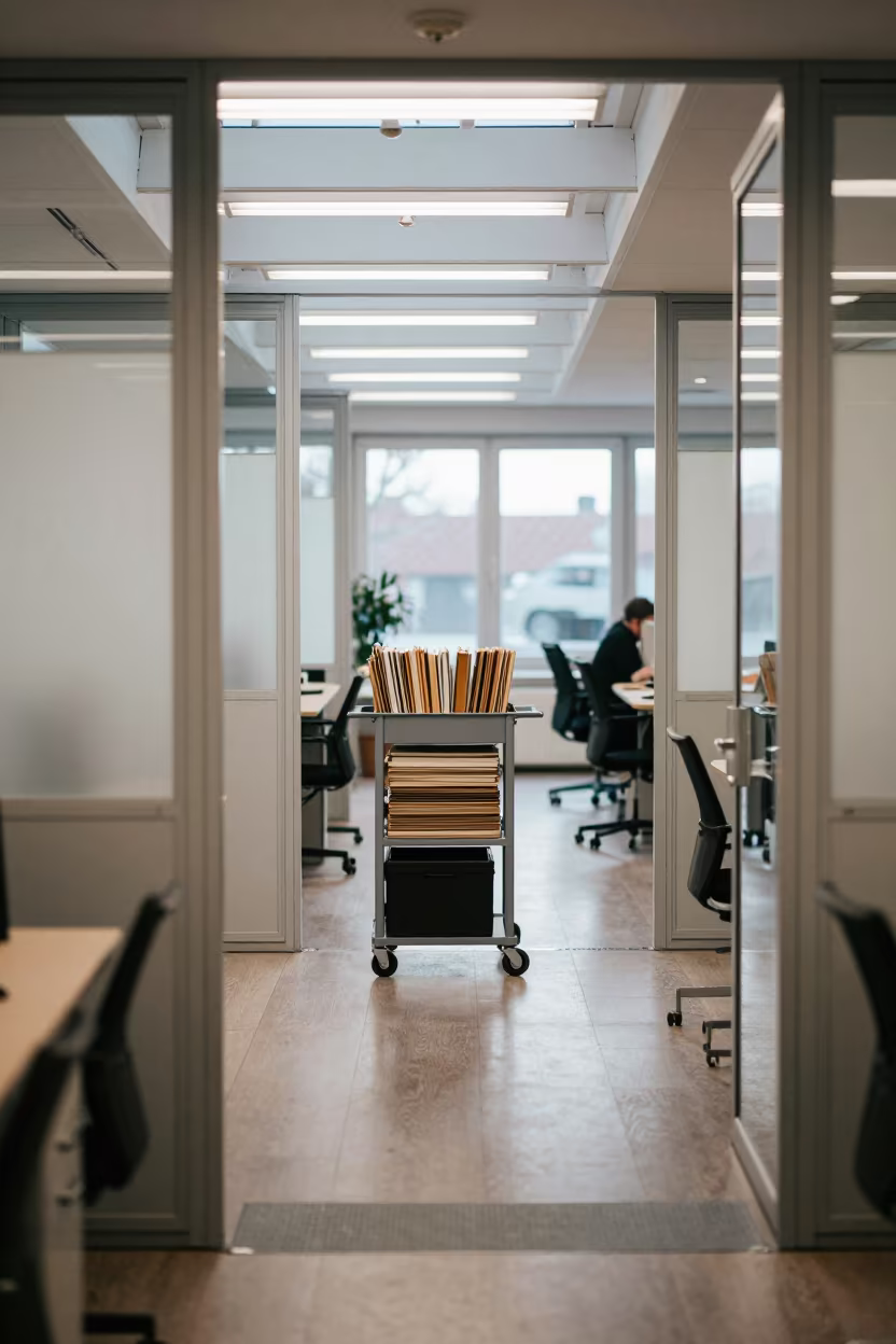 Winter Office Scan Cart in Oulu Hallway Light in inside an open-plan office bay in Oulu