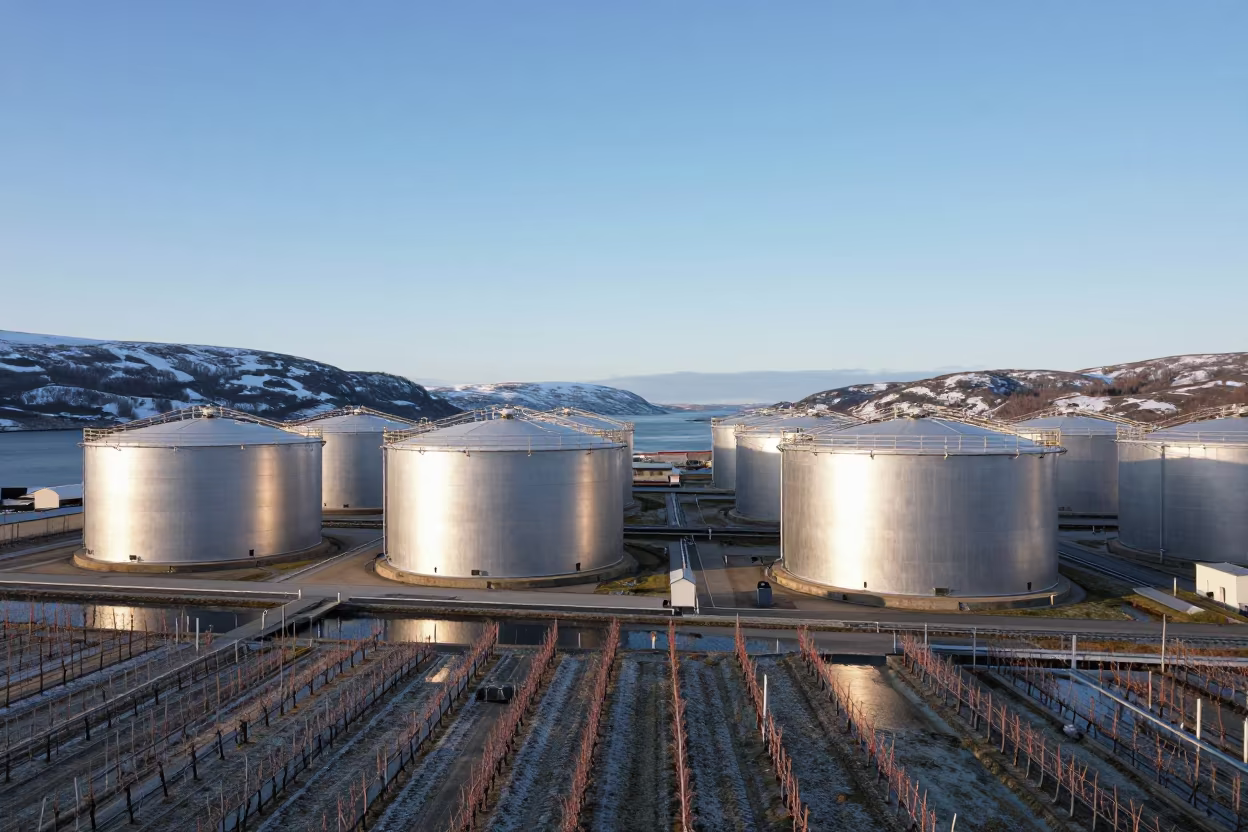 Winter Oil Tanks Between Vineyard Trellises Norway in between vineyard trellises in the Fjords of Norway