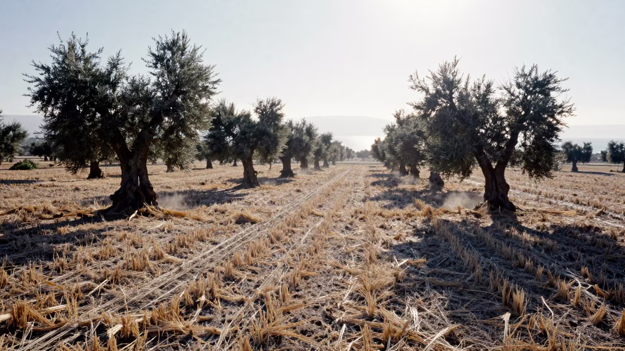 Winter Olive Grove Shadows Over Chilean Grain Fields in across a harvested grain field in Chile