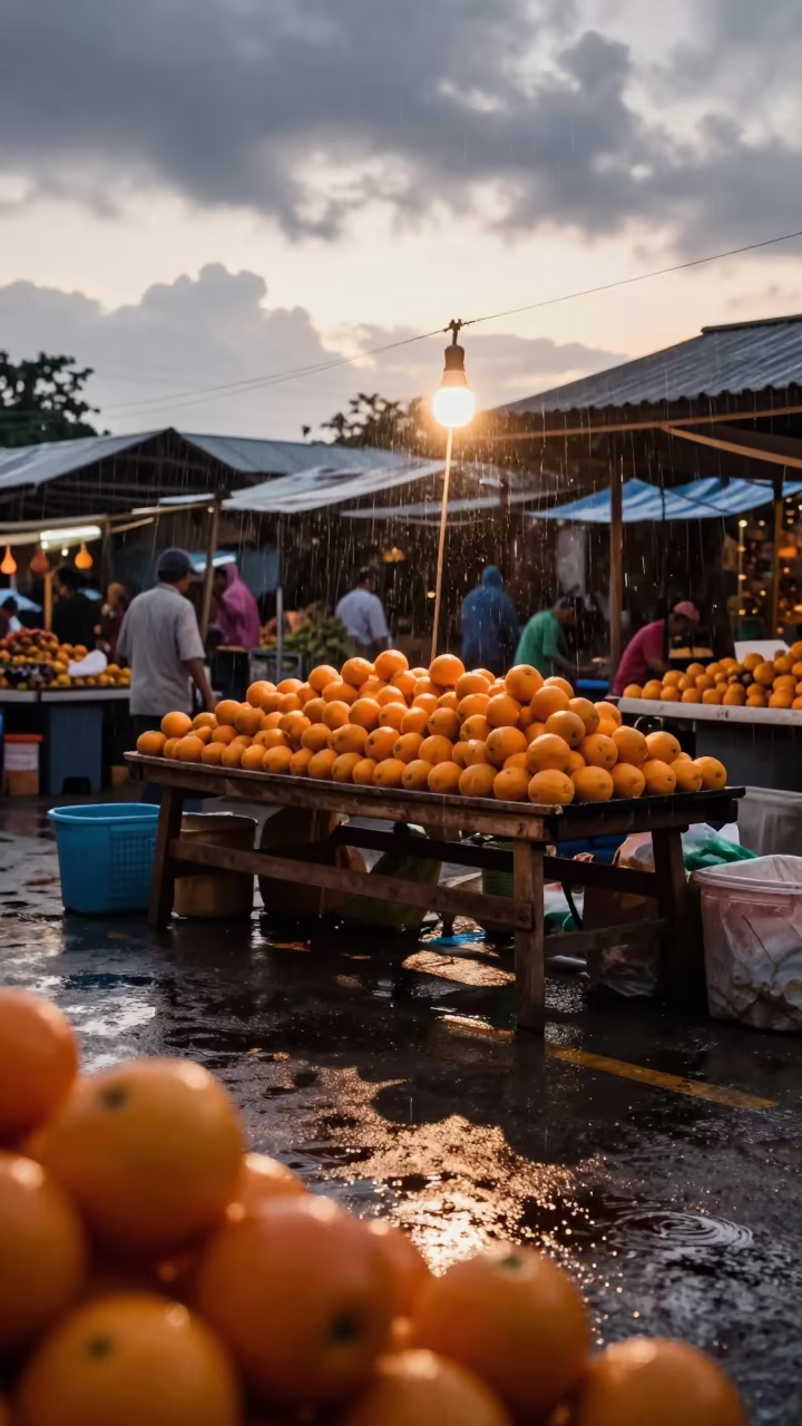 Winter Oranges at Kota Kinabalu Flower Auction in at a flower auction bench in Kota Kinabalu