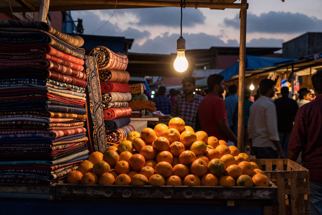 Winter Oranges and Textiles in Chennai Copper Light in at a textile trader's stall in Chennai