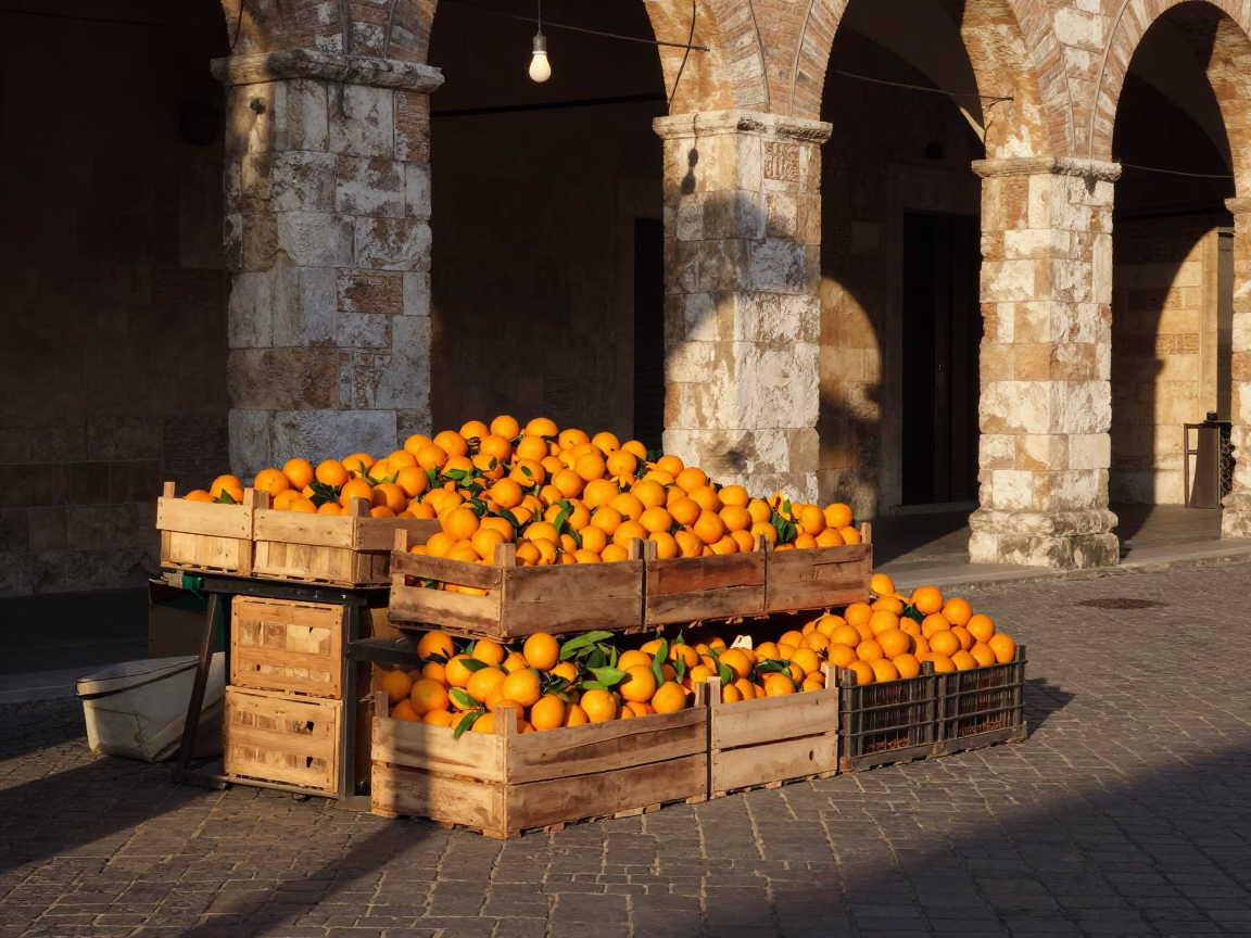 Winter Oranges Under Bare Bulb in Perugia Market in in a flea market lane in Perugia