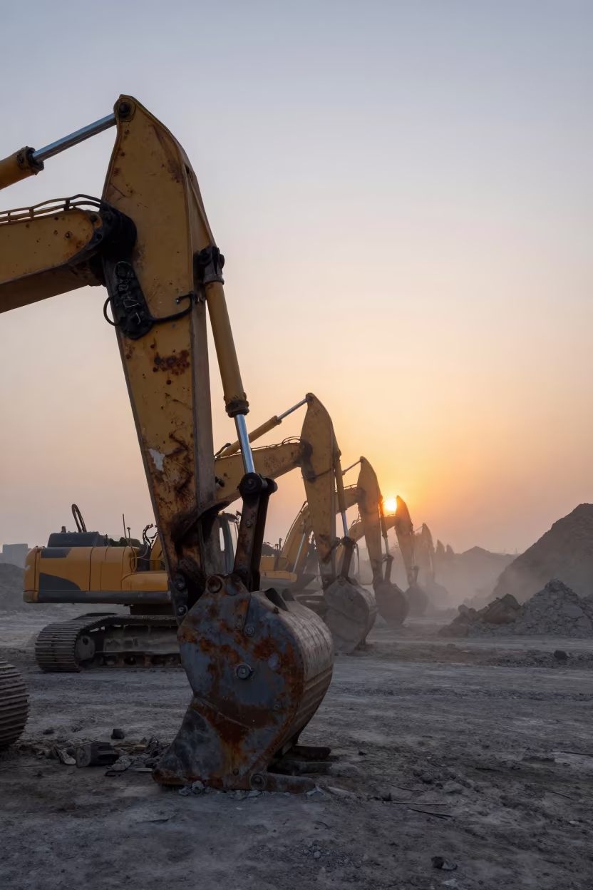 Winter Ore Excavator at Sunset in Qena in under gantries and utility towers near Qena