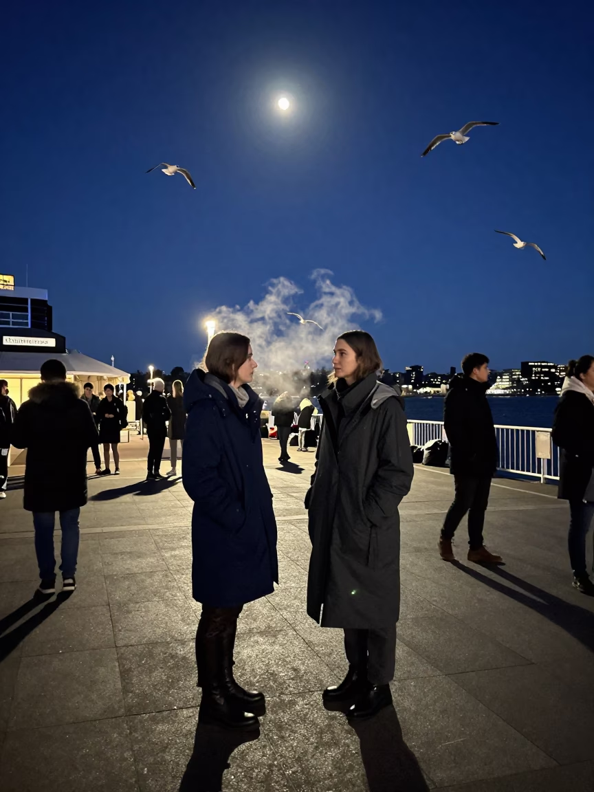 Winter Outerwear Lookbook on Melbourne Pier in across a reflective public plaza in Melbourne