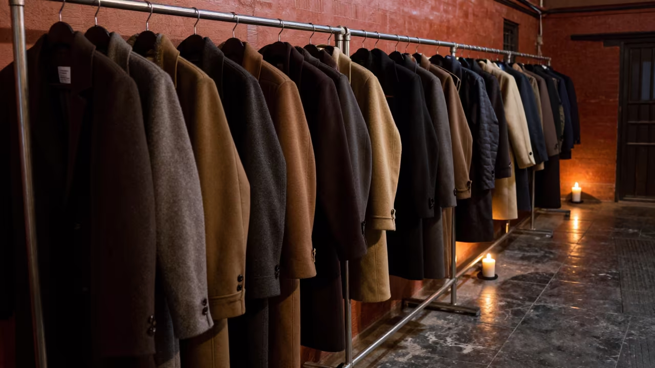 Winter Outerwear on Rail in Lalitpur Candlelight in in a backstage changing corridor in Lalitpur