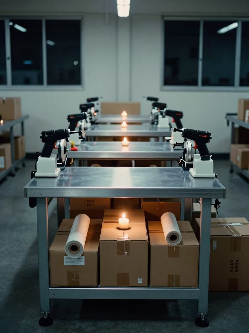 Winter Packing Station Candlelight Ensenada in along inventory racks under cool warehouse light near Ensenada