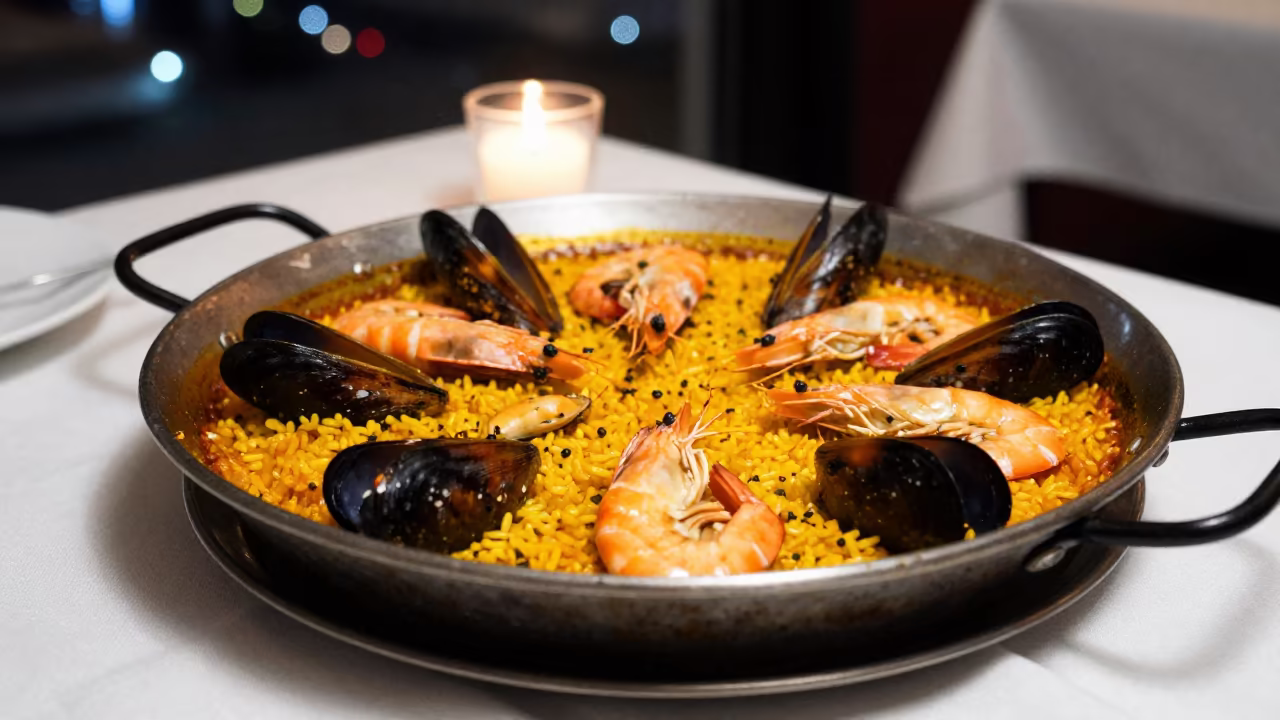 Winter Paella Candlelit Moradabad Restaurant in on a linen-covered restaurant table in Moradabad