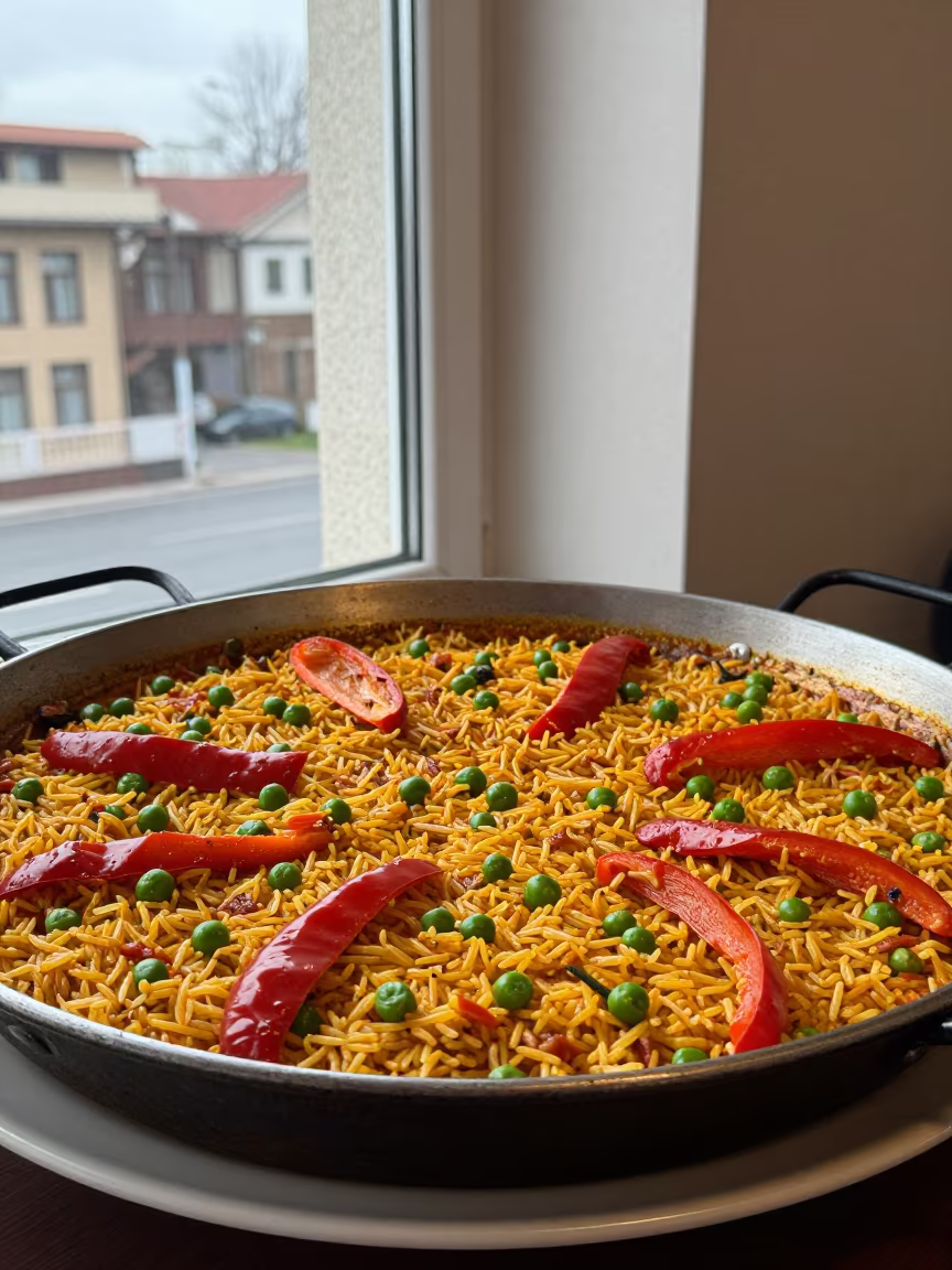 Winter Paella in Giant Pan Ankara Window in on a ceramic plate by a window in Ankara