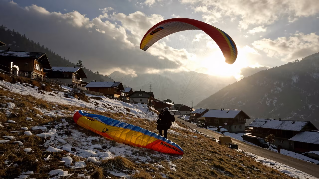Winter Paraglider Wing in Manali Lane in in a village lane near Manali