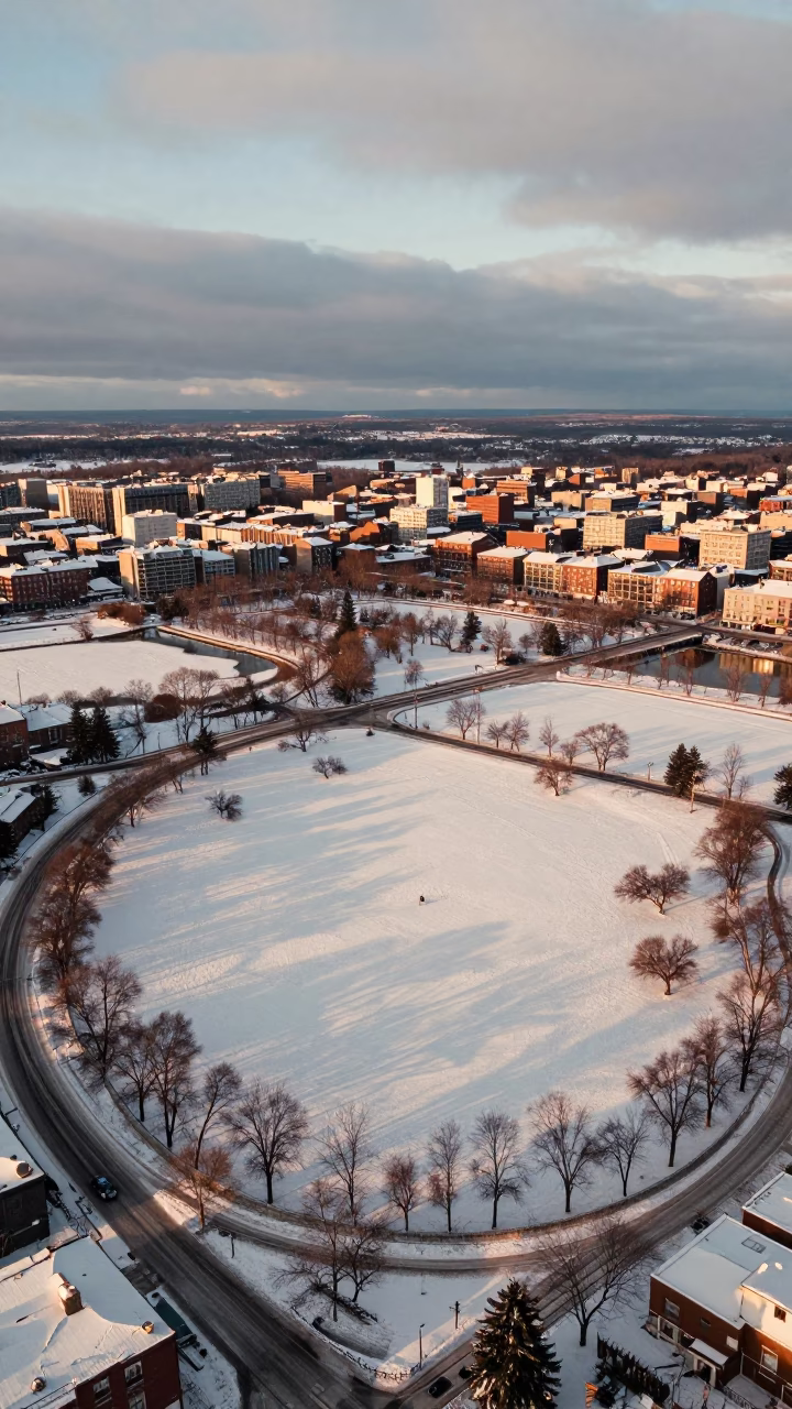 Winter Park Aerial View Copper Light Quebec in high over salt ponds and causeways in Quebec