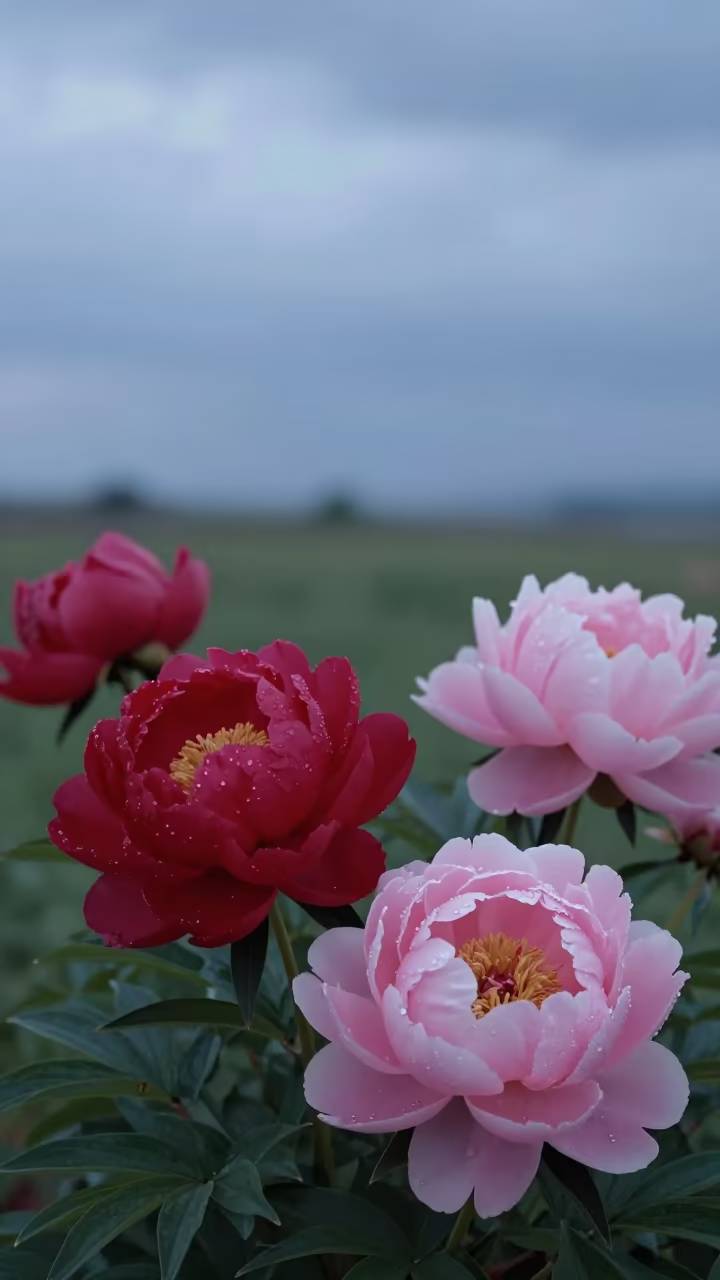 Winter Peonies in Blue Evening Light in in a bloom-heavy meadow near Balıkesir