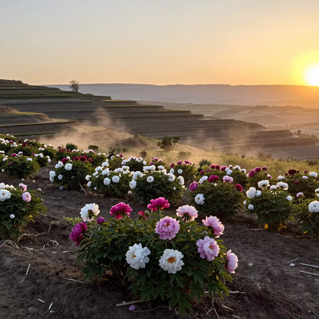 Winter Peony Garden Sunset Idaho in among terraced garden plots in Idaho